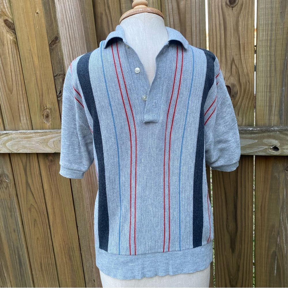 Vintage Pennleigh Men’s unisex gray knit short sleeve stripe pullover sweater